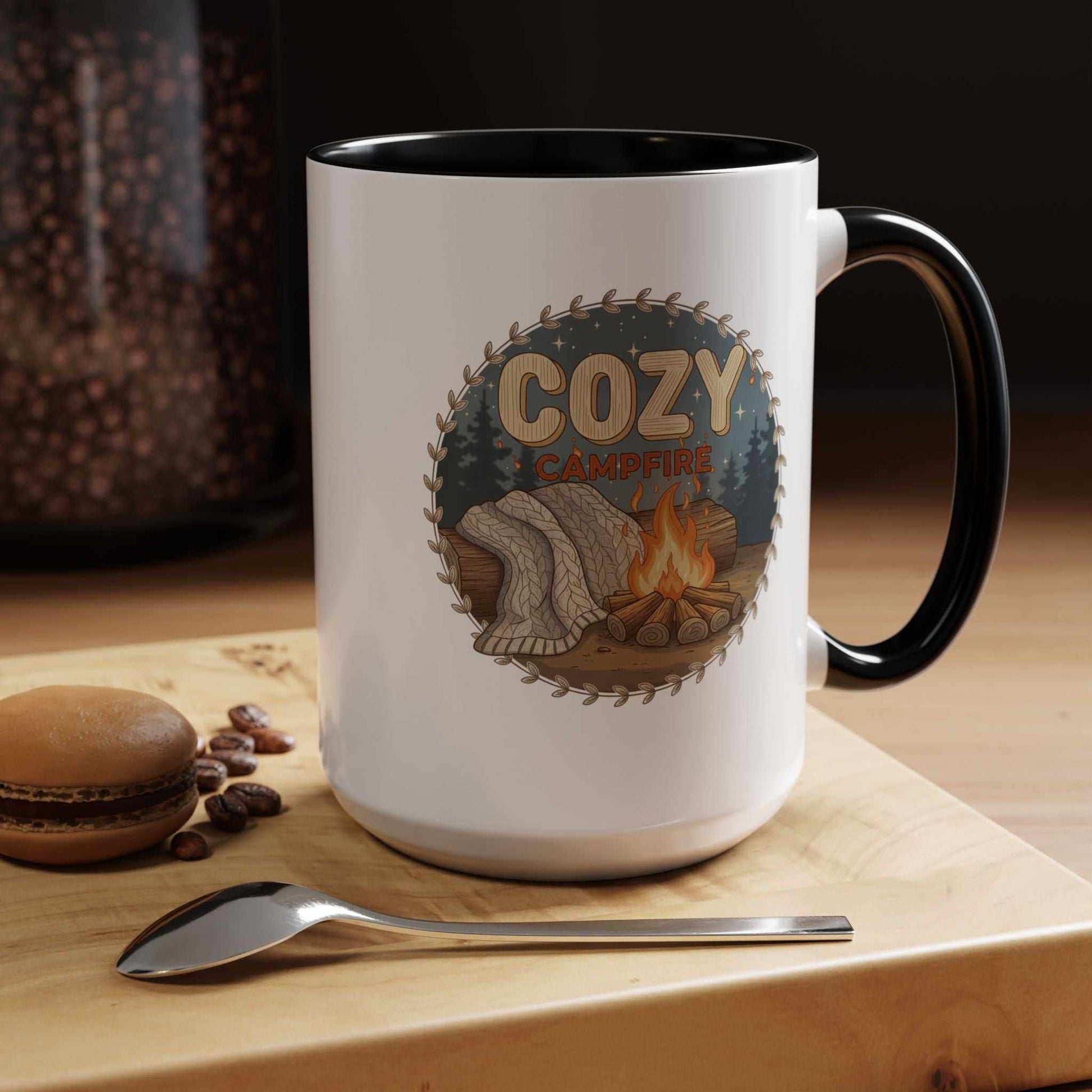 Cozy Campfire Coffee Mug with speckled ceramic finish and black rim, perfect for outdoor coffee moments and rustic style