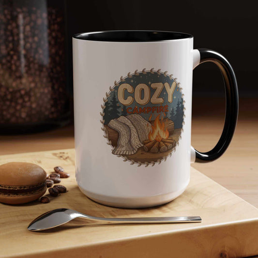 Cozy Campfire Coffee Mug with speckled ceramic finish and black rim, perfect for outdoor coffee moments and rustic style