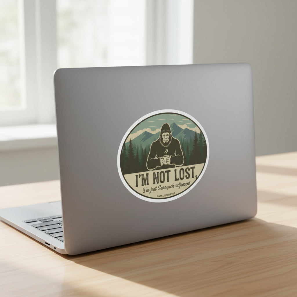 Bigfoot 'I'm Not Lost' Magnet featuring a silhouette of Sasquatch and vintage-style text."