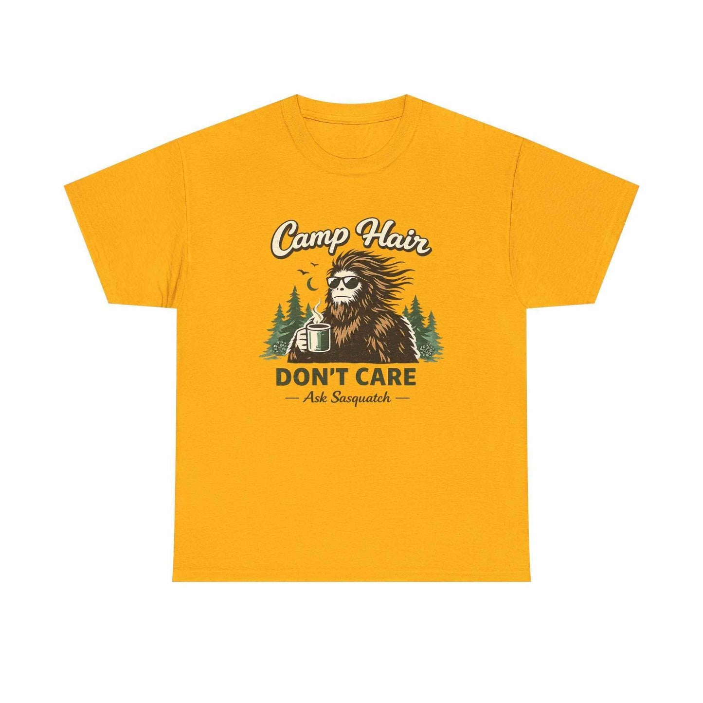 Camp Hair Don't Care T-shirt with Bigfoot camping design and bearded woodsman illustration