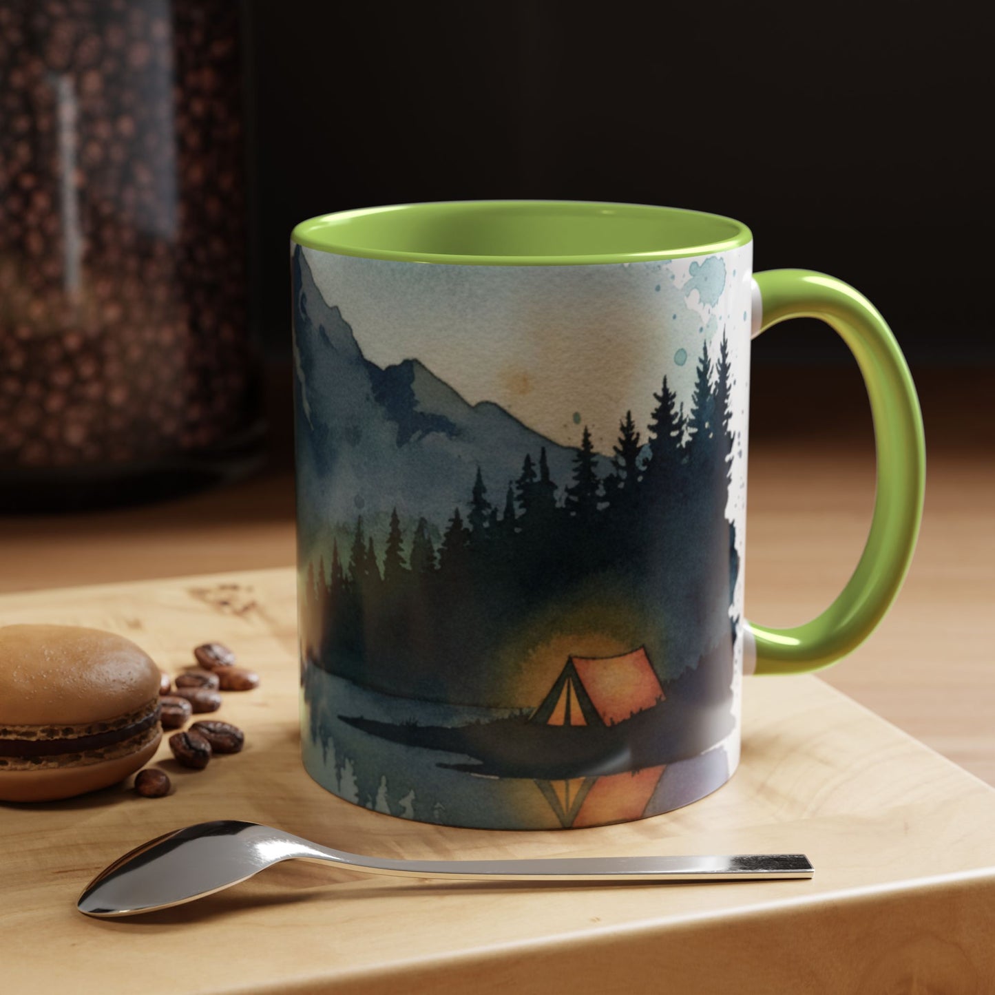 Mountain Lake Camping Accent Coffee Mug — Watercolor Outdoors Travel Mug (11/15oz)