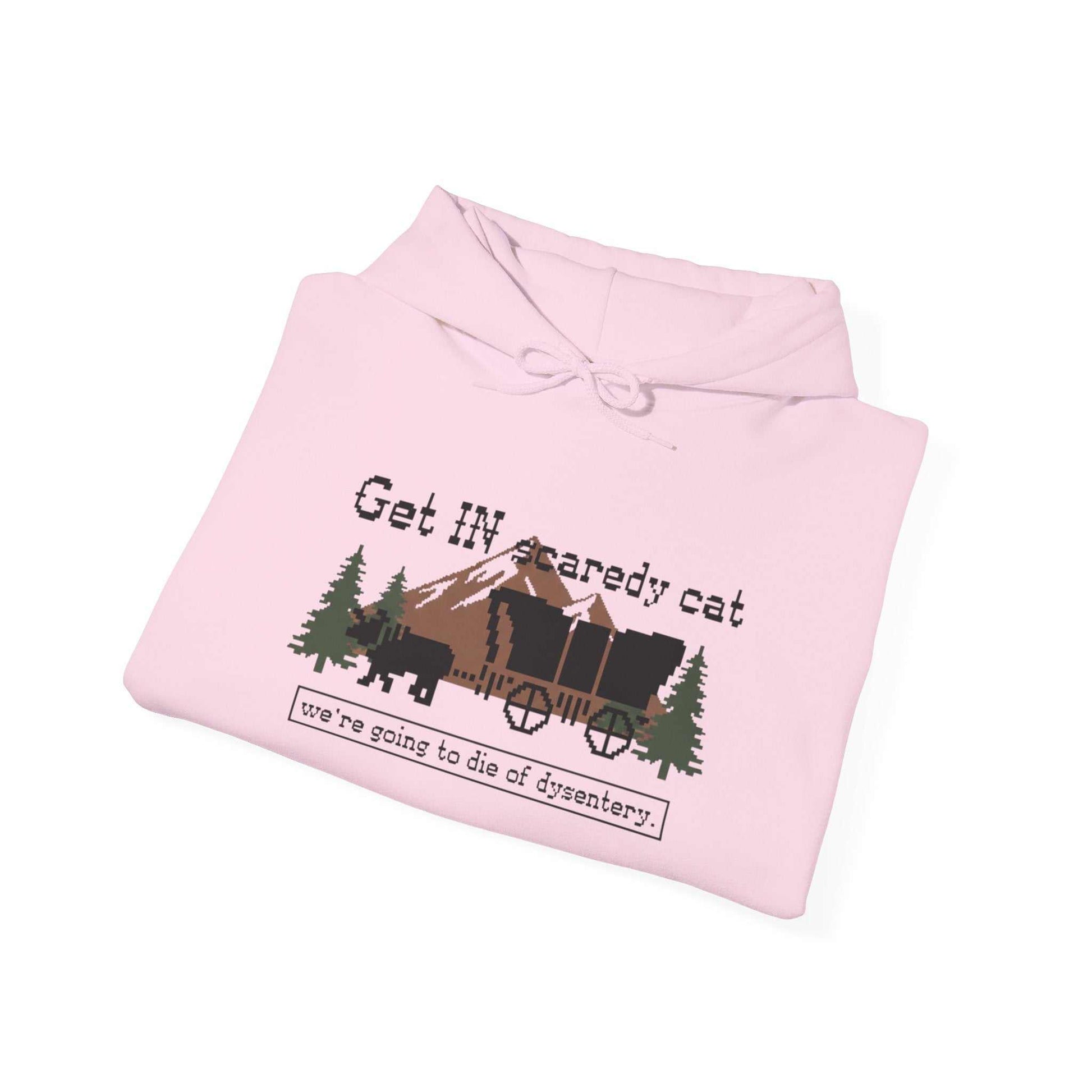 Retro Oregon Trail Dysentery Graphic Pullover in sand with light blue and pink Scaredy Cat wagon illustration.