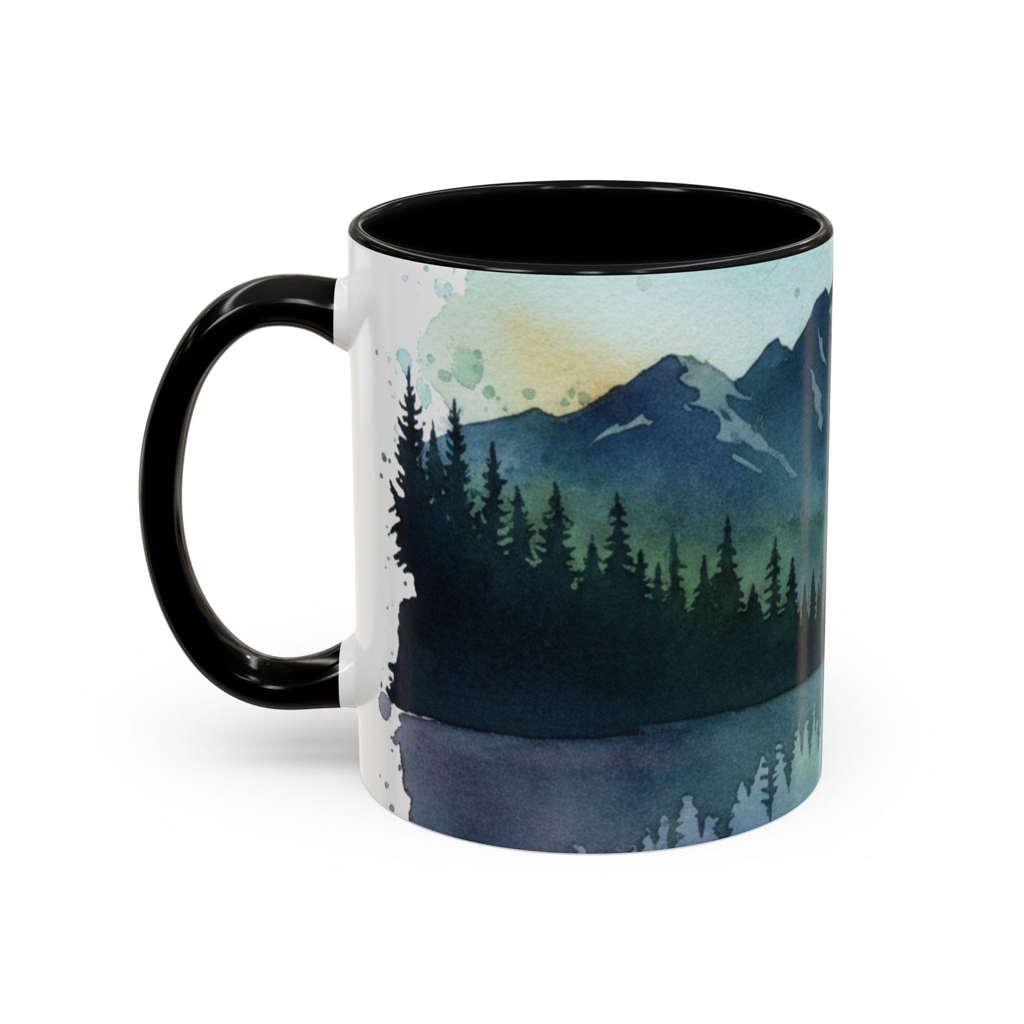 Mountain Lake Camping Accent Coffee Mug — Watercolor Outdoors Travel Mug (11/15oz)