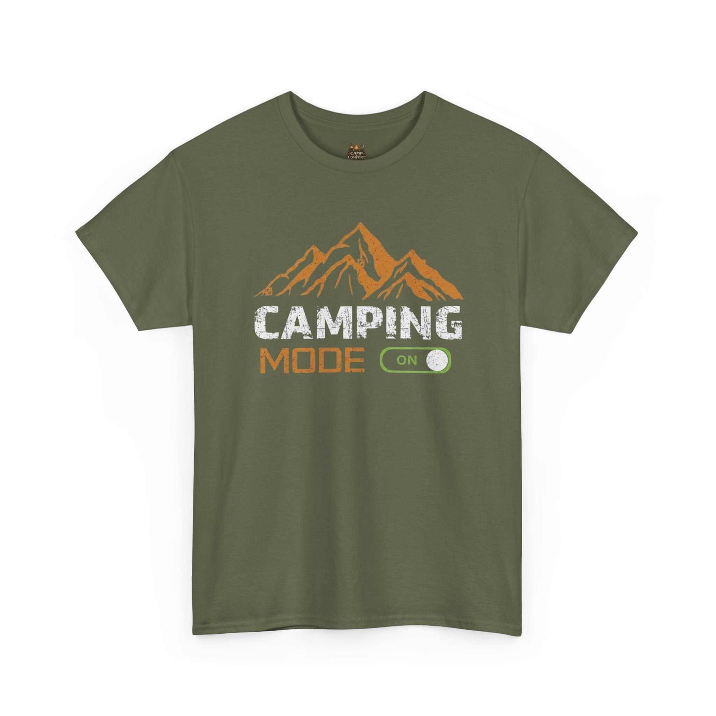"The Camping Mode On T-Shirt | Mountain Graphic Outdoor Adventure Shirt featuring a rustic mountain peak design on a soft, high-quality fabric."