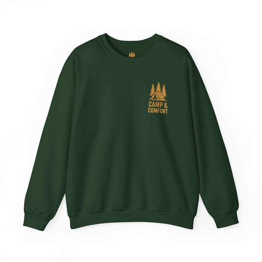 "The Camp & Comfort Unisex Heavy Blend Sweatshirt, featuring the rustic brand logo on a high-quality, thick fleece fabric."