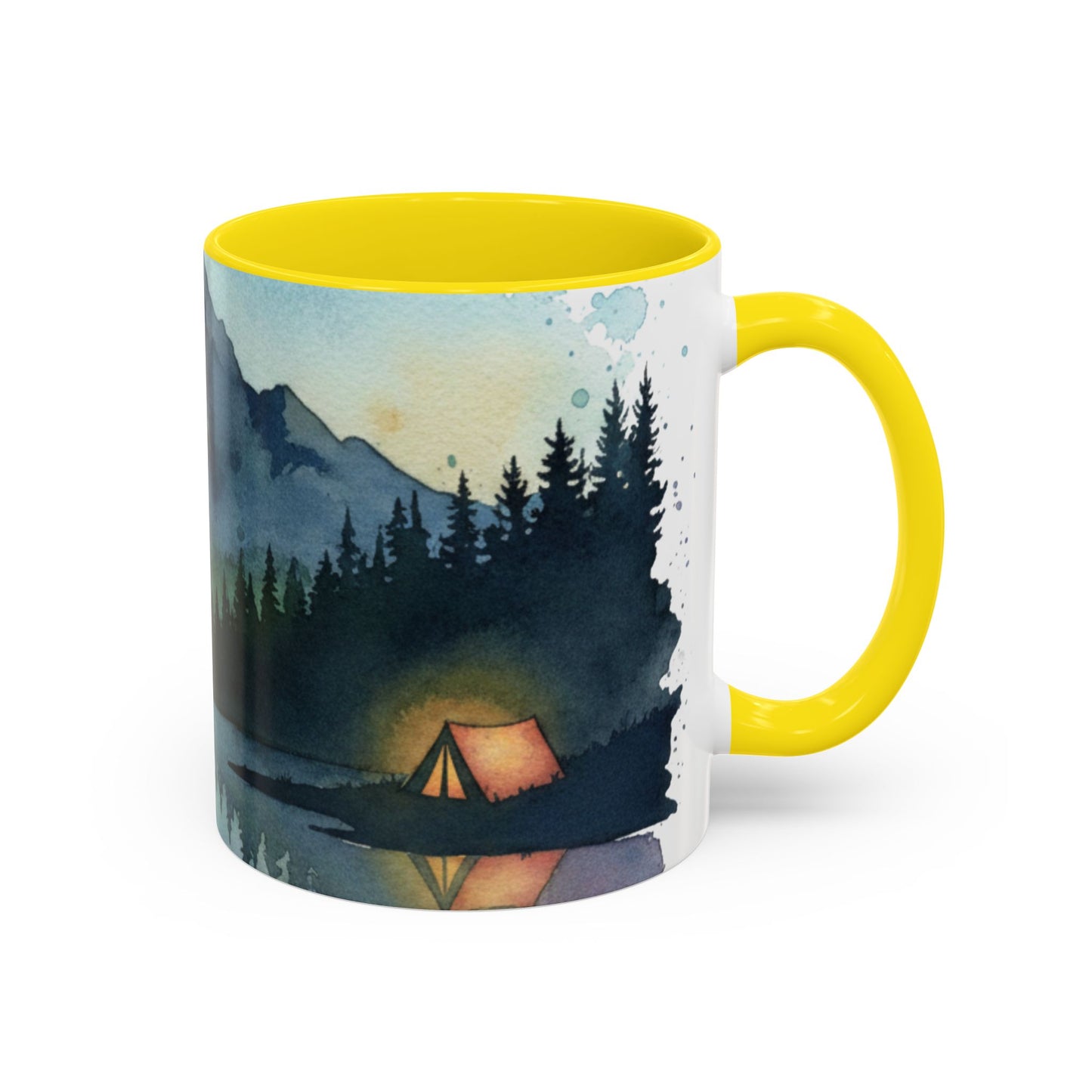 Mountain Lake Camping Accent Coffee Mug — Watercolor Outdoors Travel Mug (11/15oz)