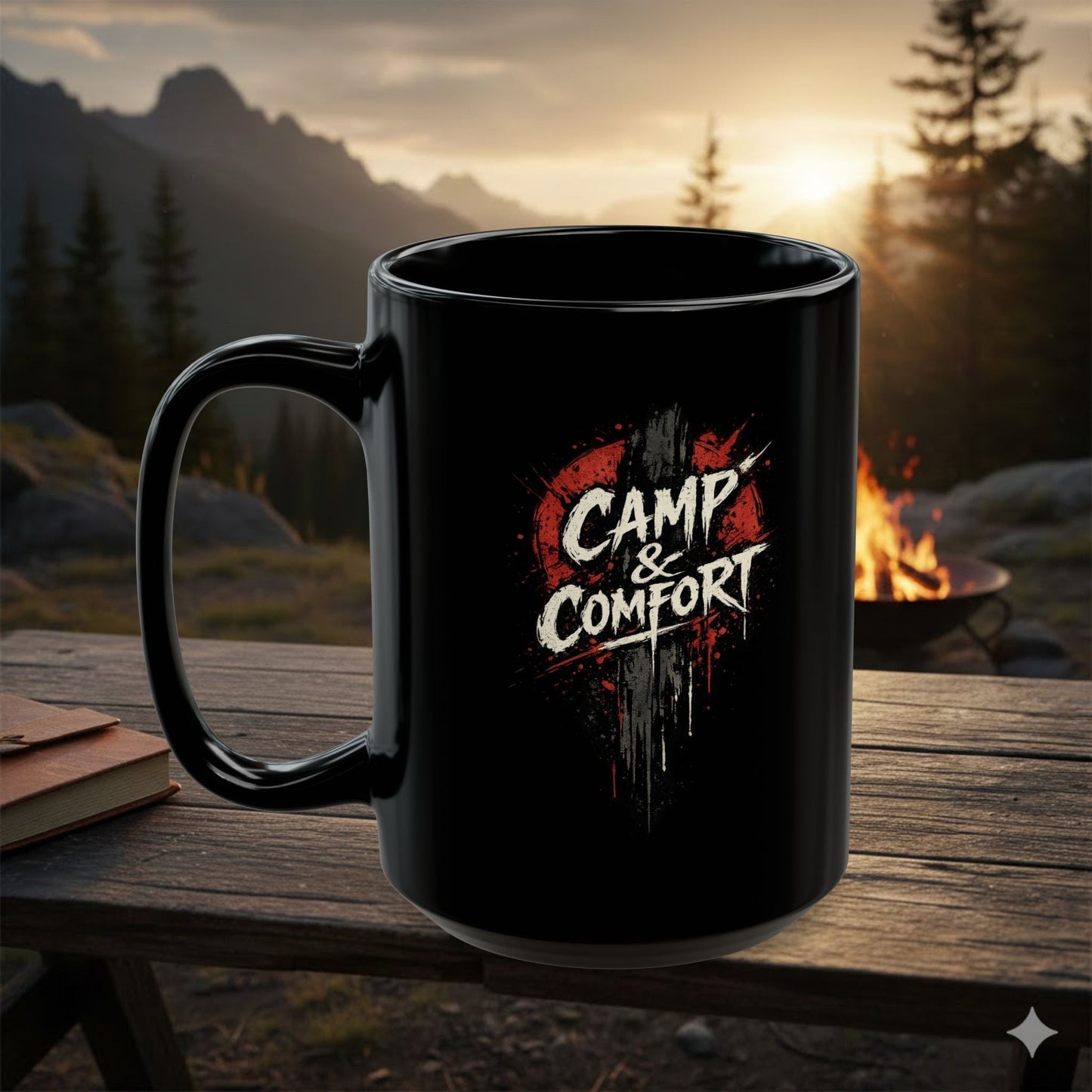 "The Camp & Comfort Splatter Mug Official Sweepstakes prize, featuring a black ceramic finish with a red and white distressed 'splatter' logo design."