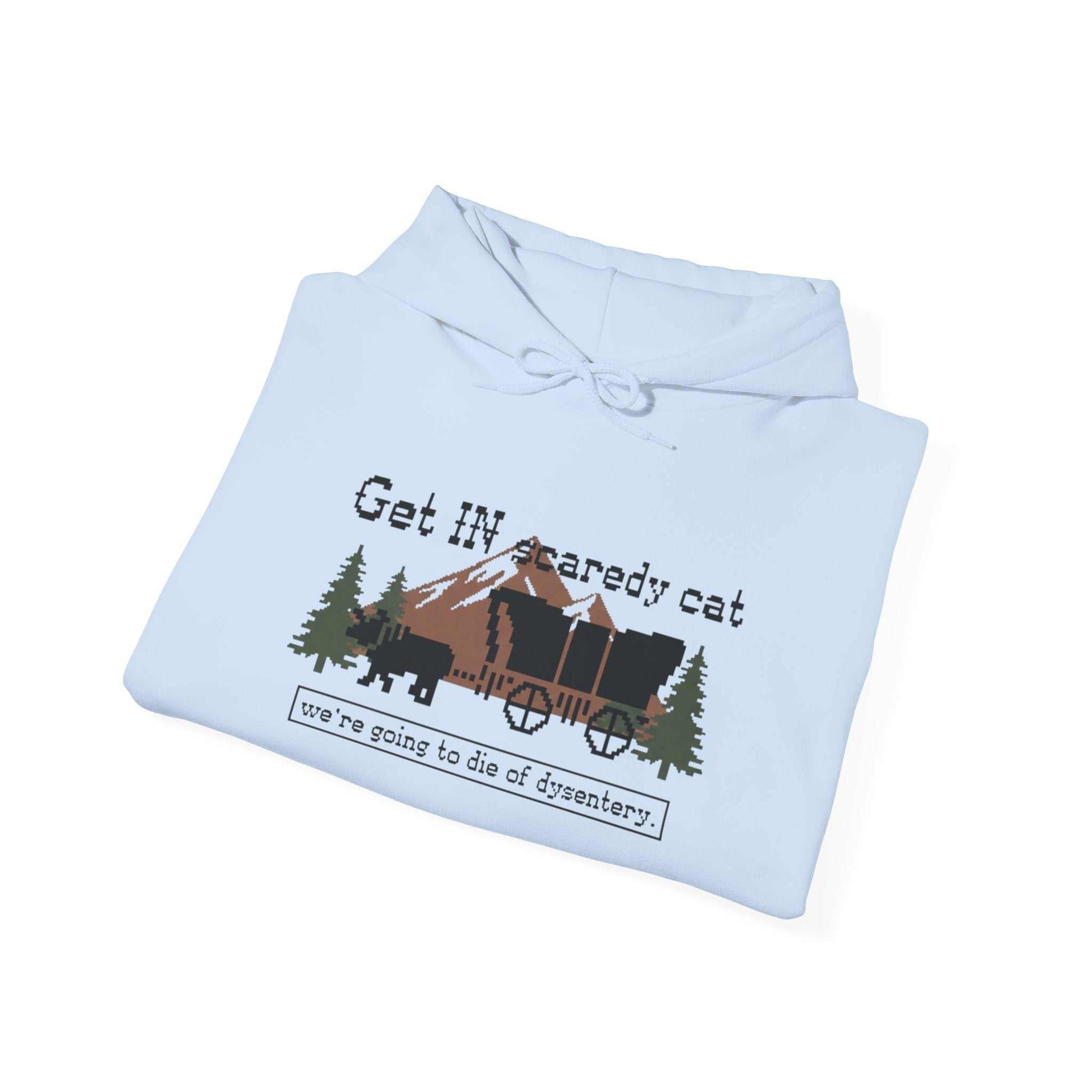 Retro Oregon Trail Dysentery Graphic Pullover in sand with light blue and pink Scaredy Cat wagon illustration.