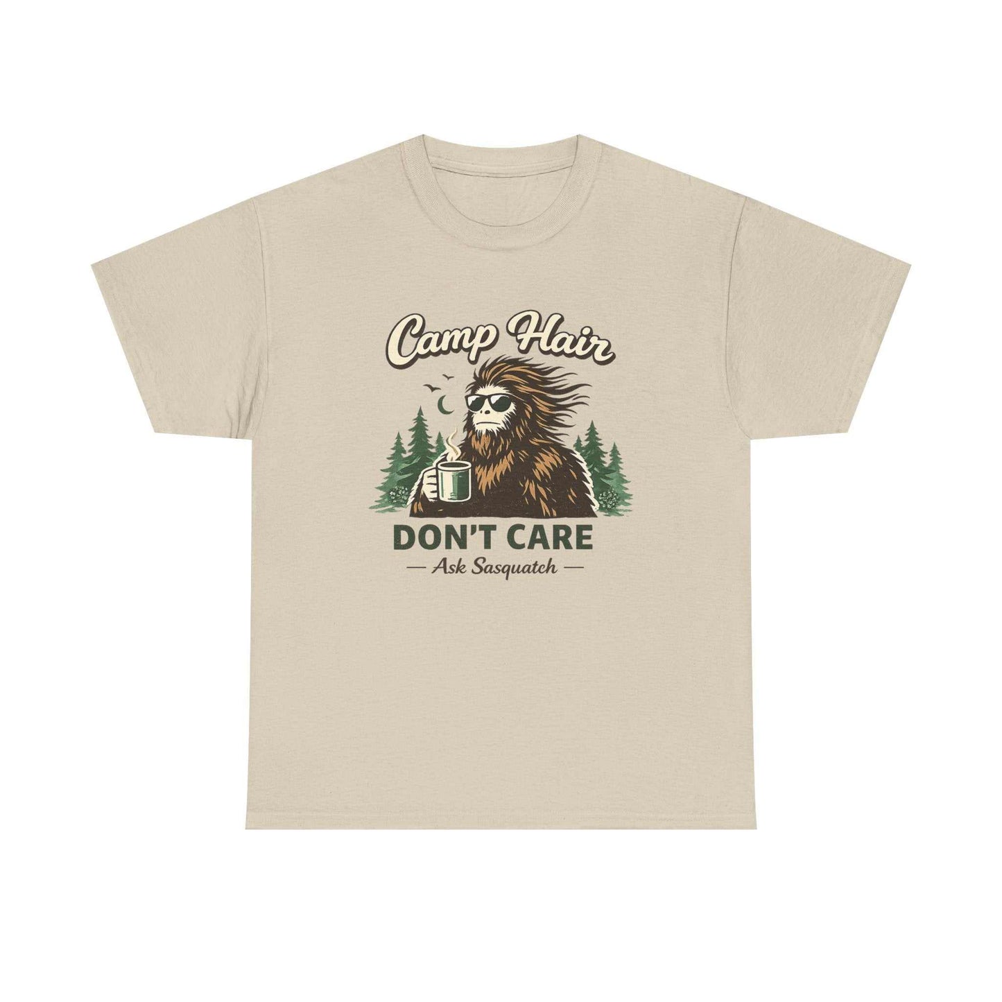 Sassy Squatch Camp Hair Don't Care tee featuring Bigfoot with messy bun for outdoor adventure