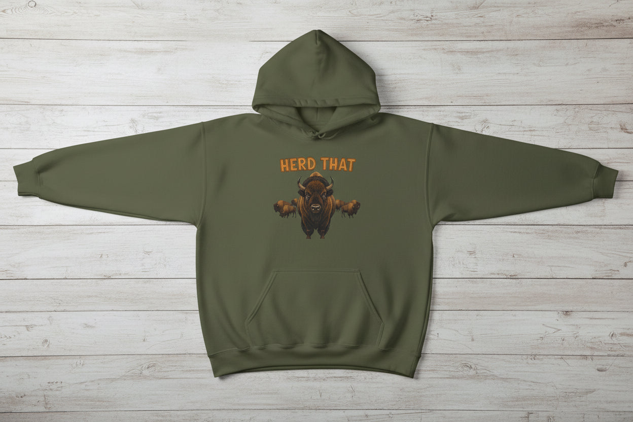 Herd That! Funny Yellowstone bison hoodie with vintage bison design and cozy blend fabric.