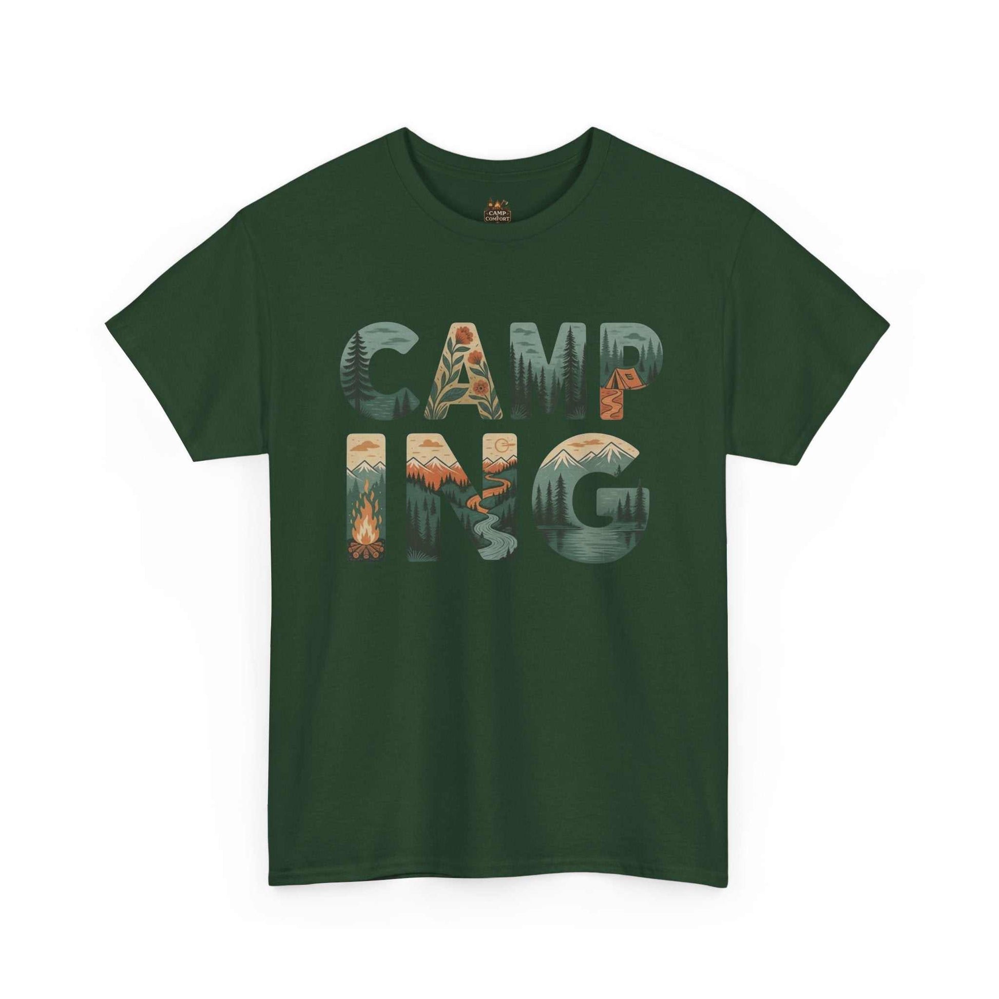 "The Camping Typography Tee Outdoor Nature Graphic Shirt in a soft heathered fabric, featuring a clean, rustic typography design with mountain and forest elements."