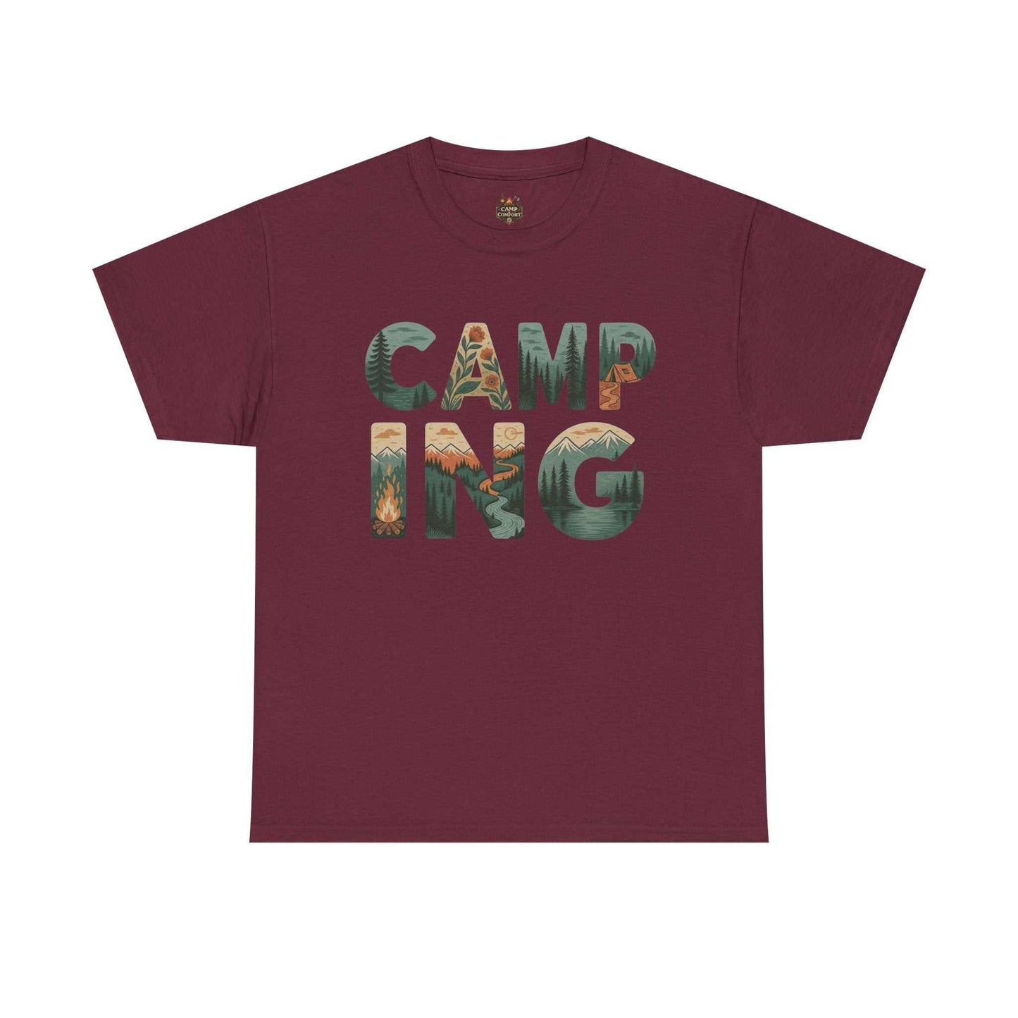 "The Camping Typography Tee Outdoor Nature Graphic Shirt in a soft heathered fabric, featuring a clean, rustic typography design with mountain and forest elements."