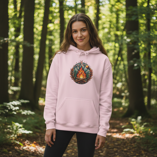 Campfire Badge Hoodie with rustic campfire graphic for outdoor camping and hiking comfort