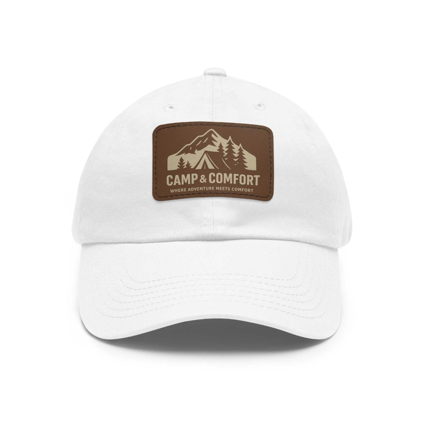 Adventure Dad Hat with leather patch and antique brass buckle on chino twill fabric