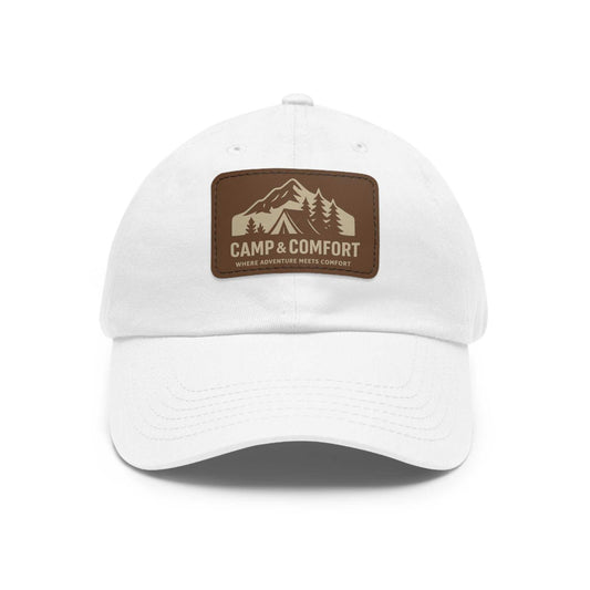 Adventure Dad Hat with leather patch and antique brass buckle on chino twill fabric