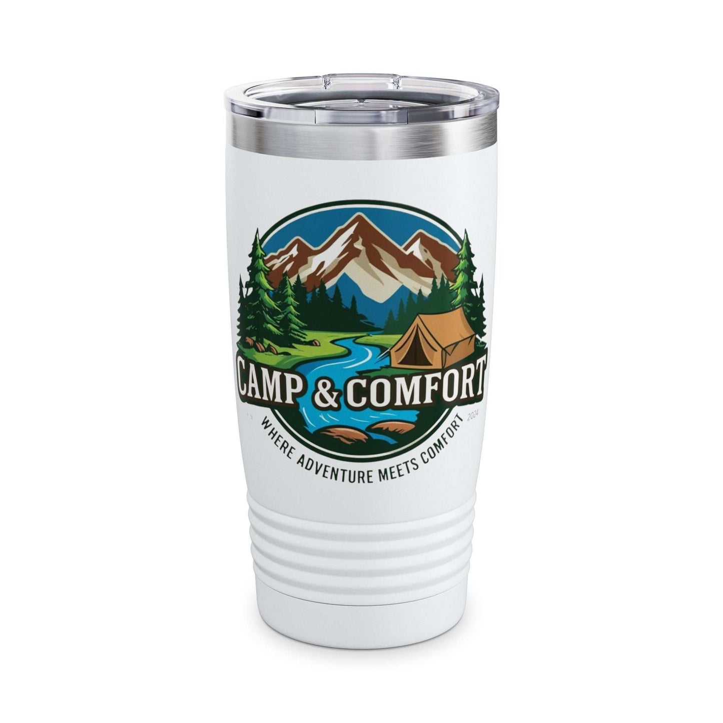 Camp and Comfort insulated tumbler with double-wall vacuum insulation and spill-resistant lid