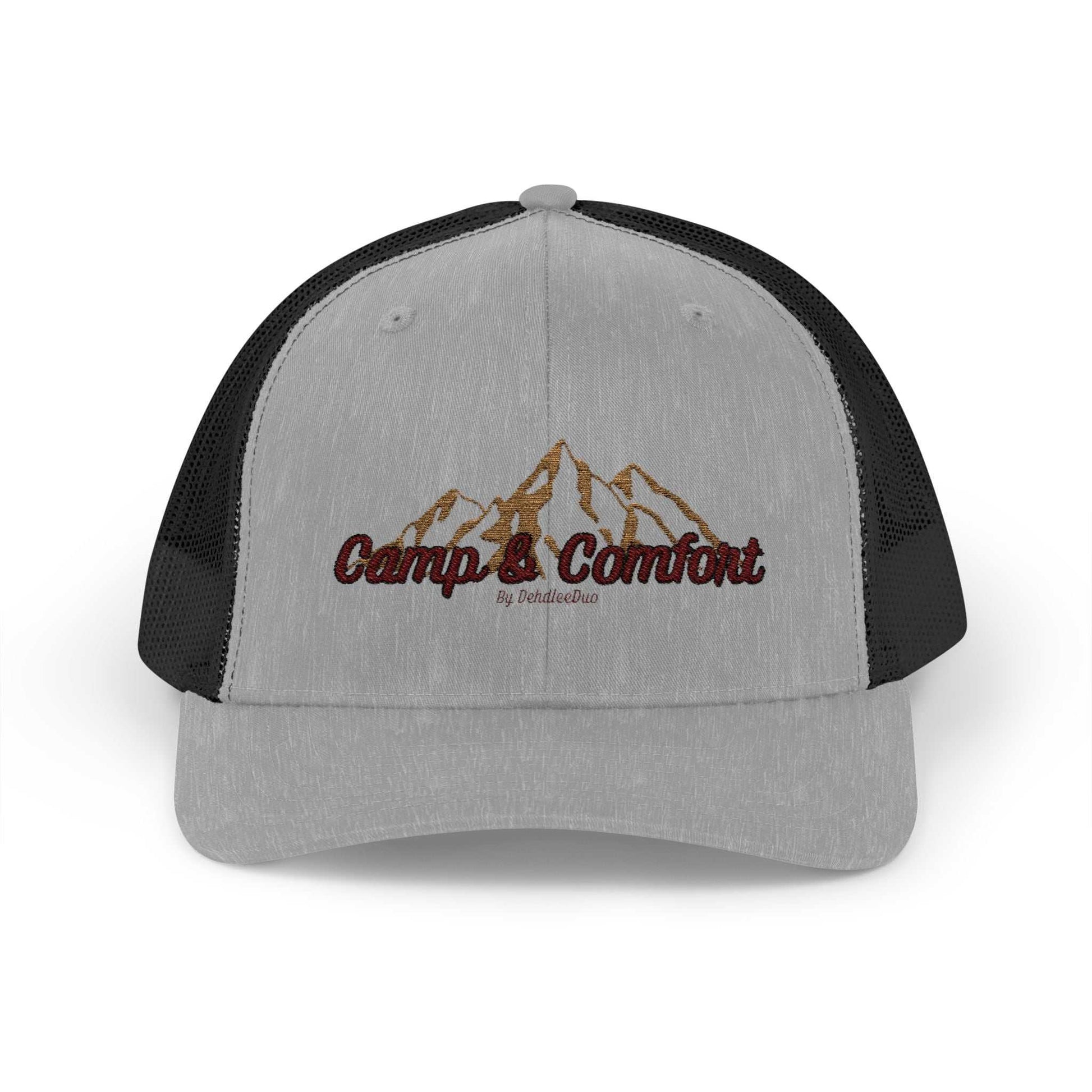 Camp & Comfort Hat embroidered trucker cap with mesh backing and adjustable snapback for outdoor adventures