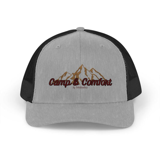 Camp & Comfort embroidered snapback trucker hat with mesh backing and adjustable closure