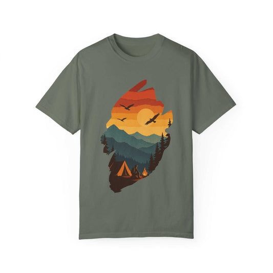 Vintage Campfire Dreams t-shirt with sunset campsite, mountains, pines, and birds design