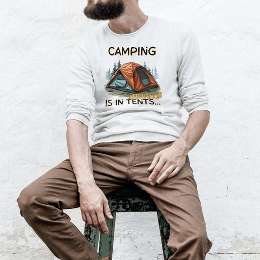 Camping Is In Tents cozy sweater with pun for outdoor lovers