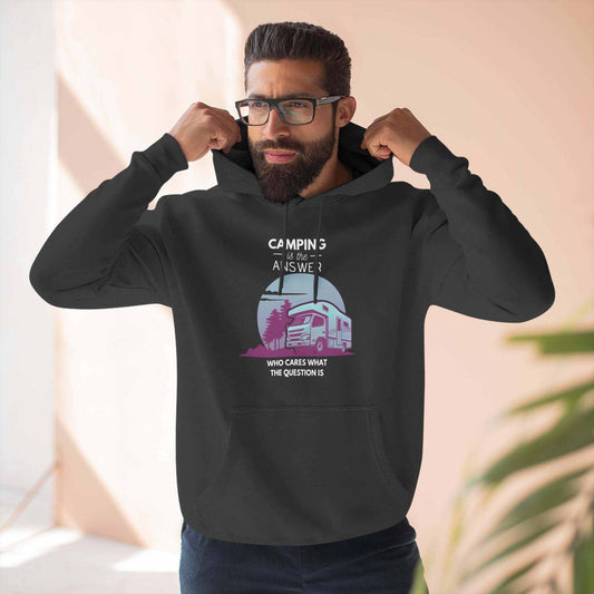 Cozy outdoor hoodie with "Camping Is the Answer" retro lettering for camping enthusiasts