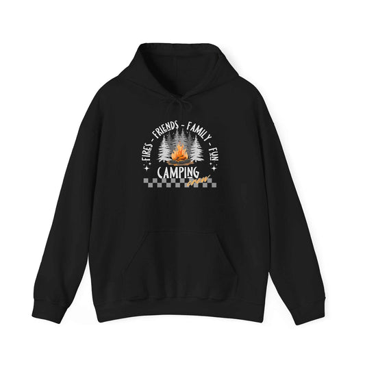 Cozy Fires, Family, Friends & Fun camping vibes hoodie with fleece lining and kangaroo pocket.