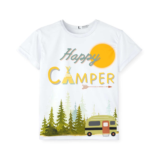 Happy Camper Kids Tee on a child enjoying outdoor camping activities in a soft, breathable cotton shirt