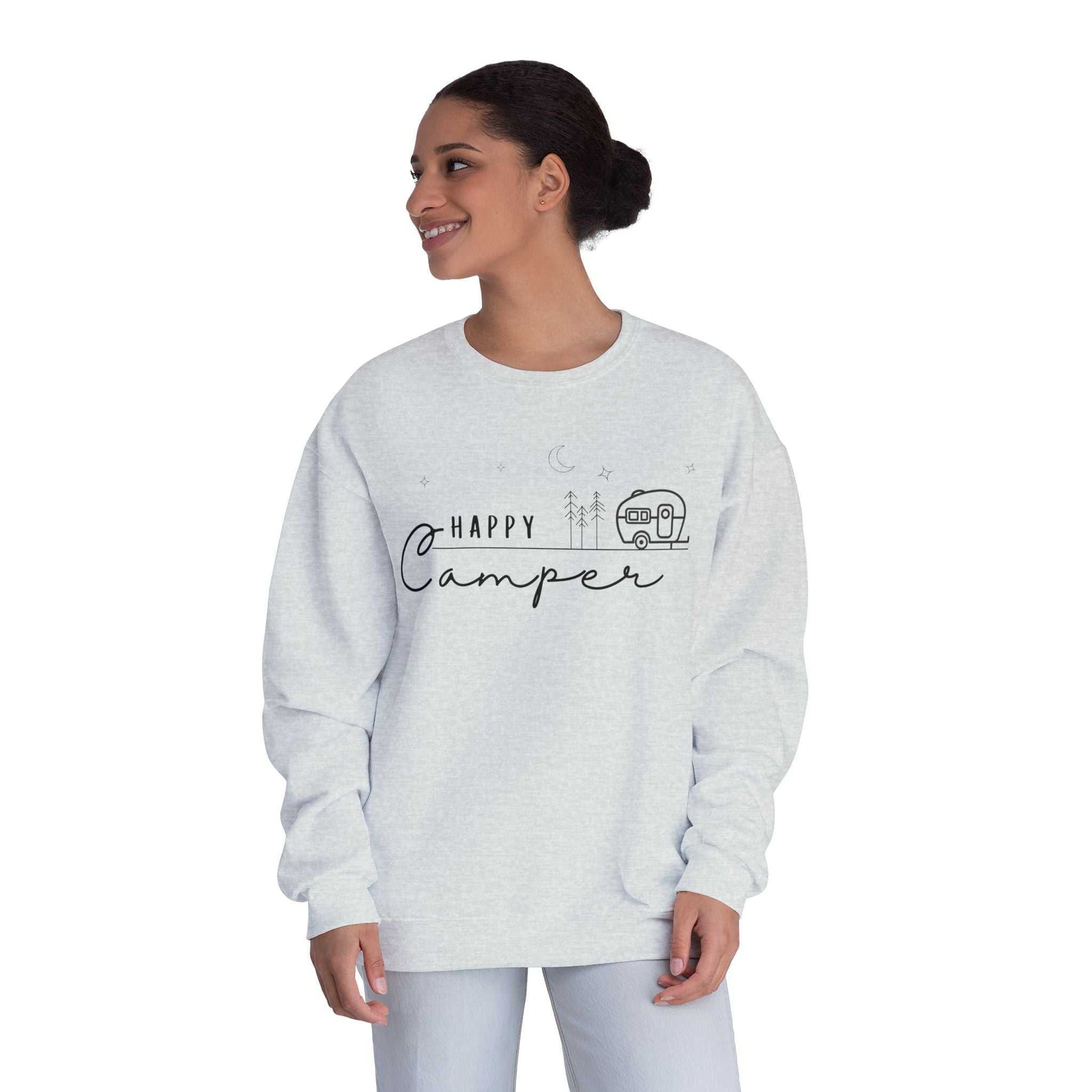 Happy Camper Sweatshirt - Cozy Camping Pullover for Nature Enthusiasts - Outdoors Lover Gift - Hiking and Adventure Graphic Sweater - Camp and Comfort
