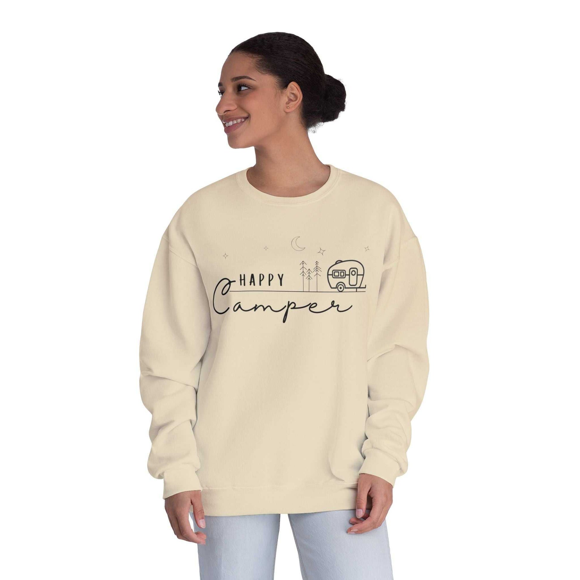 Happy Camper Sweatshirt - Cozy Camping Pullover for Nature Enthusiasts - Outdoors Lover Gift - Hiking and Adventure Graphic Sweater - Camp and Comfort
