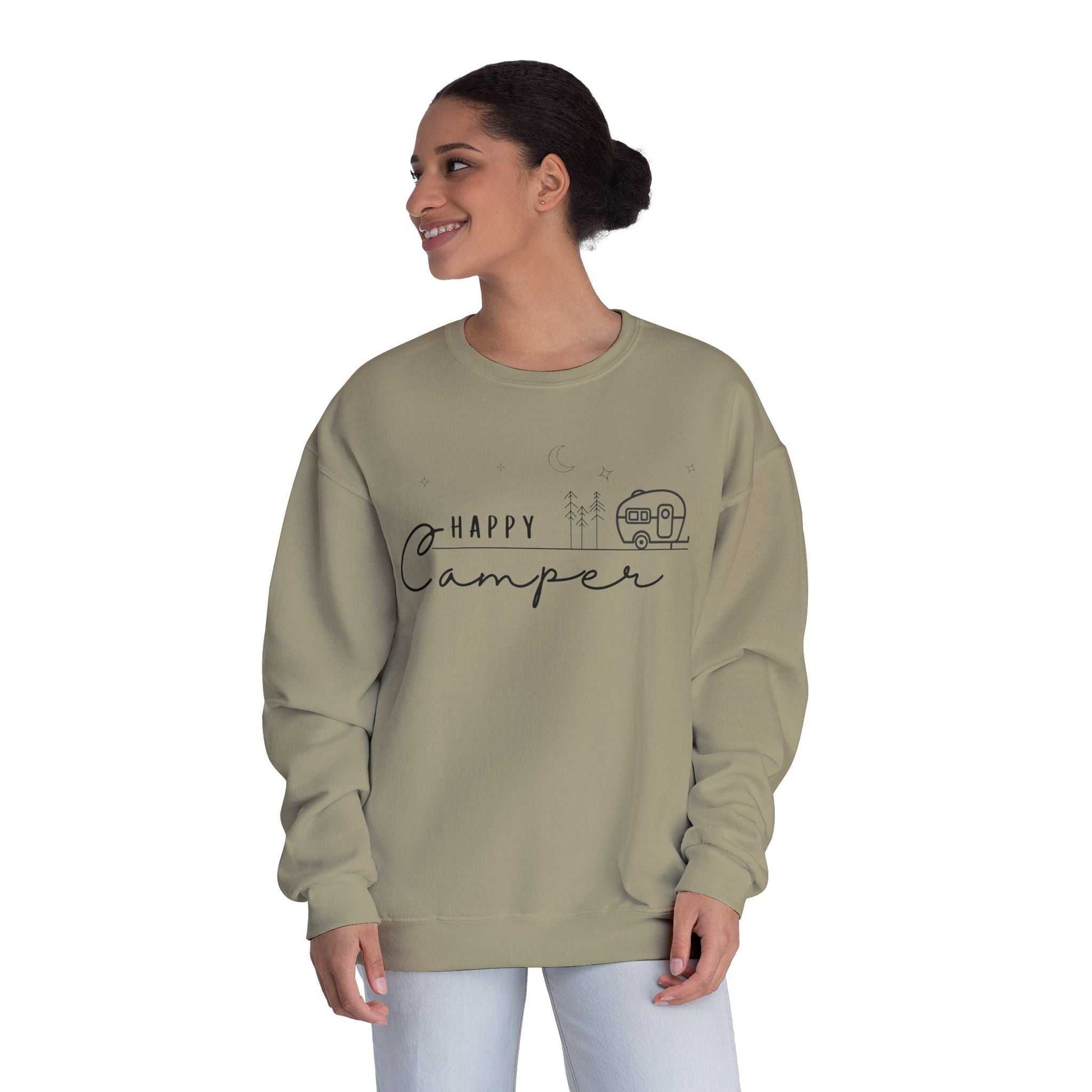 Happy Camper Sweatshirt - Cozy Camping Pullover for Nature Enthusiasts - Outdoors Lover Gift - Hiking and Adventure Graphic Sweater - Camp and Comfort