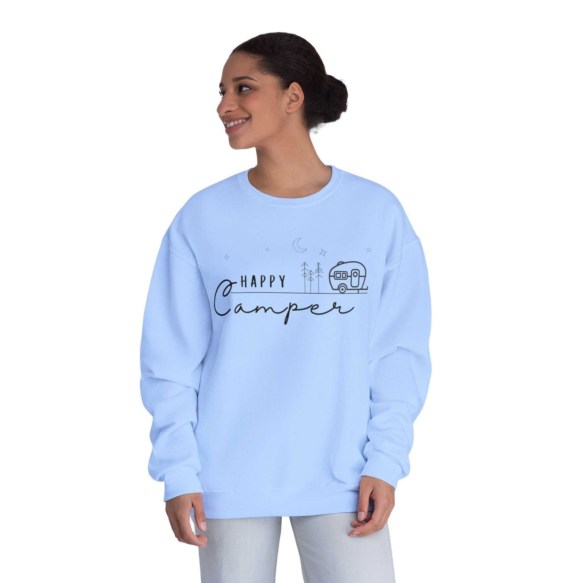 Happy Camper Sweatshirt - Cozy Camping Pullover for Nature Enthusiasts - Outdoors Lover Gift - Hiking and Adventure Graphic Sweater - Camp and Comfort