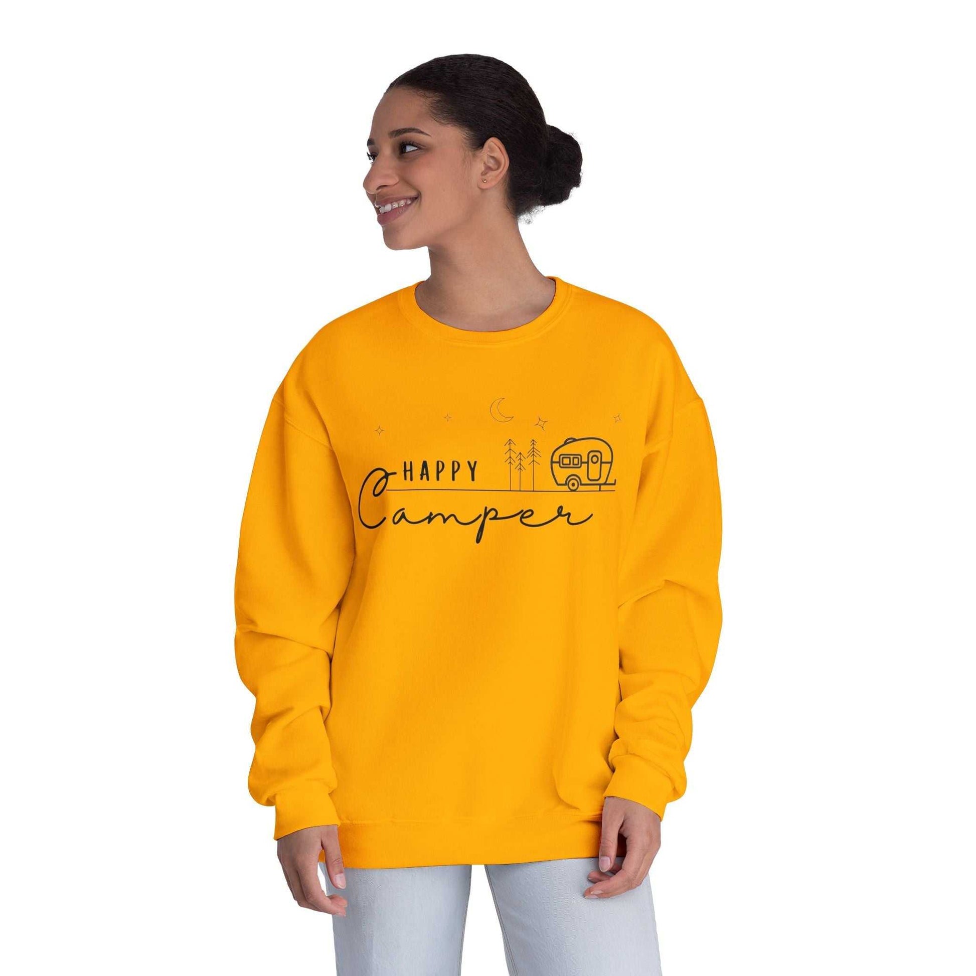 Happy Camper Sweatshirt - Cozy Camping Pullover for Nature Enthusiasts - Outdoors Lover Gift - Hiking and Adventure Graphic Sweater - Camp and Comfort