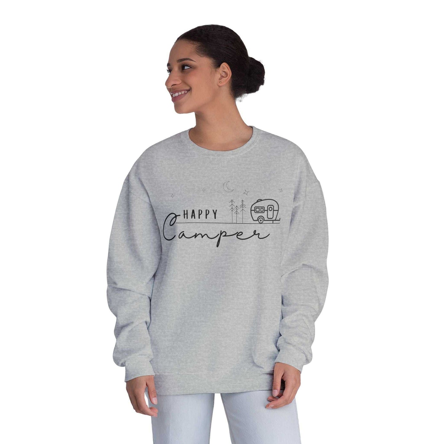 Happy Camper Sweatshirt - Cozy Camping Pullover for Nature Enthusiasts - Outdoors Lover Gift - Hiking and Adventure Graphic Sweater - Camp and Comfort