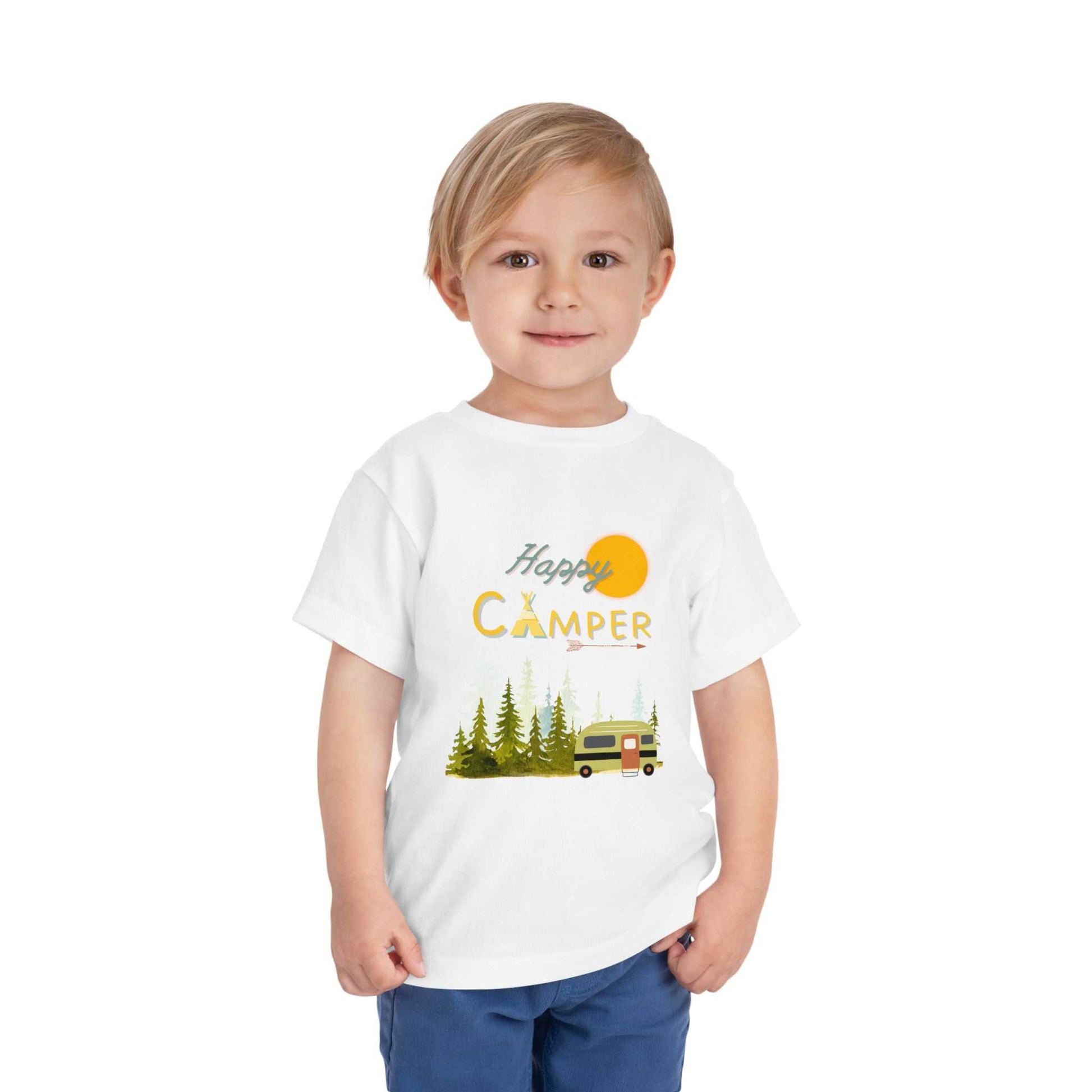 "Happy Camper" Toddler Short Sleeve Tee - Cute Outdoor Adventure Shirt - Camp and Comfort