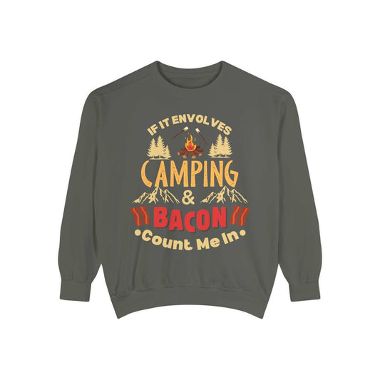 Unisex adventure sweater featuring "If It Involves Camping and Bacon, Count Me In" slogan, perfect for outdoor enthusiasts and bacon lovers