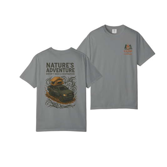 Unisex Nature's Adventure Tee in garment-dyed cotton with relaxed fit and crew neck for outdoor comfort