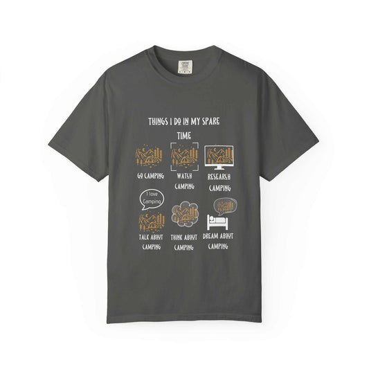 Things I Do in My Spare Time camping edition tee with humorous camping activities list