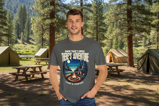 Camping shirt with campfire and adventure design, perfect for outdoor enthusiasts