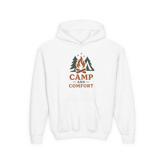 Youth Camp and Comfort Hoodie for kids, soft cotton-poly blend, warm and durable, with kangaroo pocket and reinforced necktape